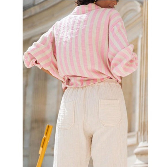 Pink with White Stripes Oversized Button Down Shirt Long Sleeve - Picture 3 of 9